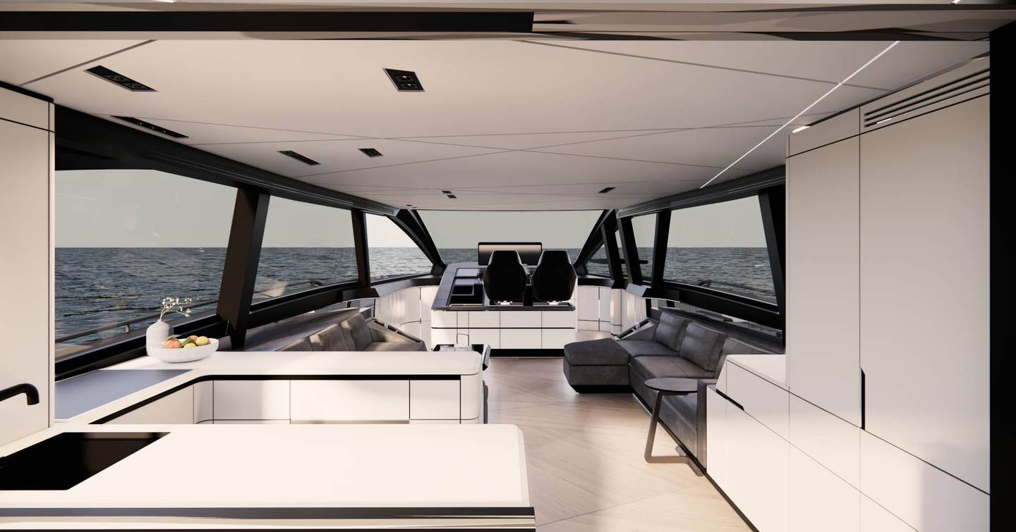 Rendering of motor yacht Pershing GTX70 main saloon