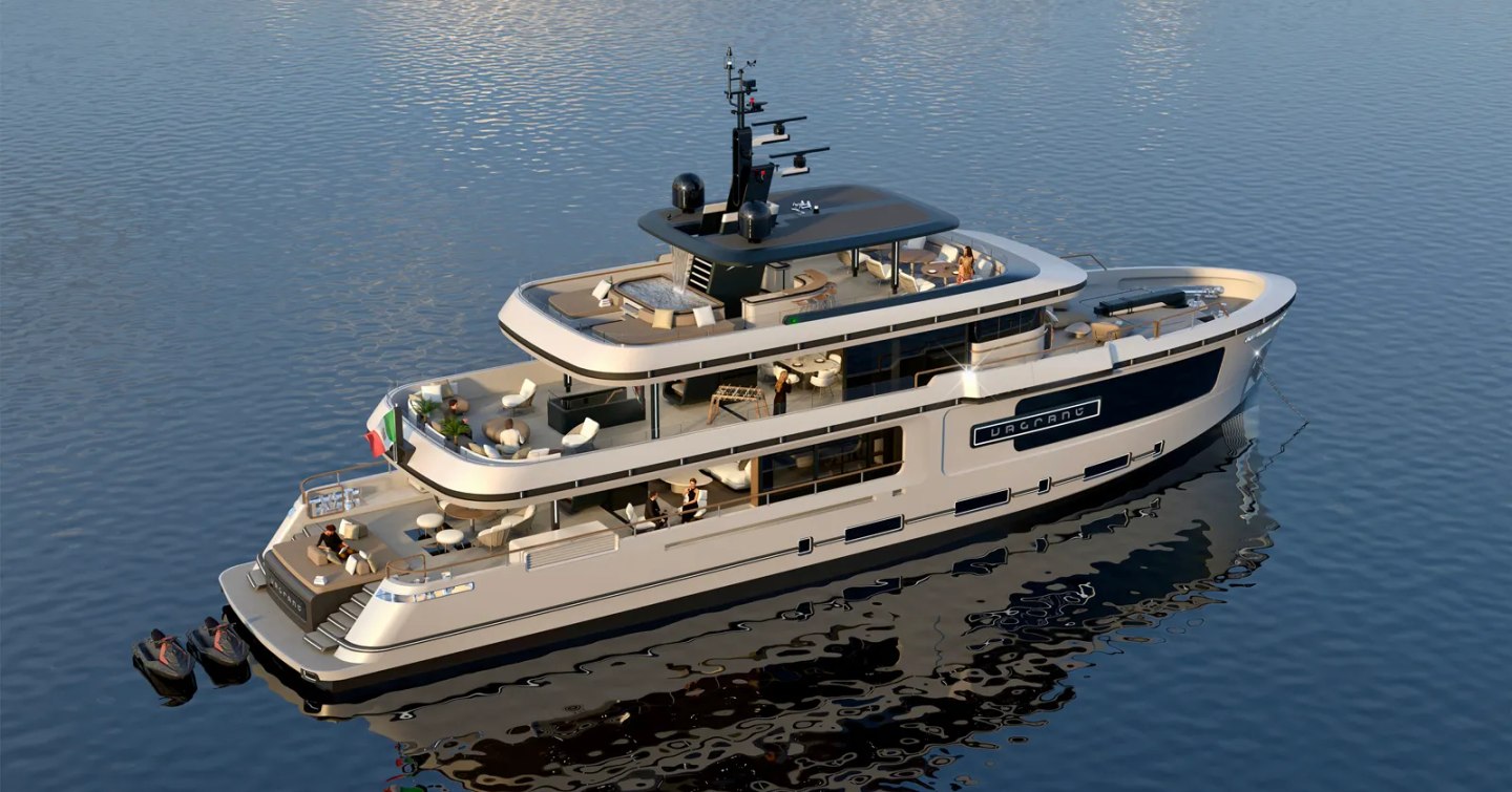 Rendering of Hydro Tec Vagrant explorer yacht at anchor 