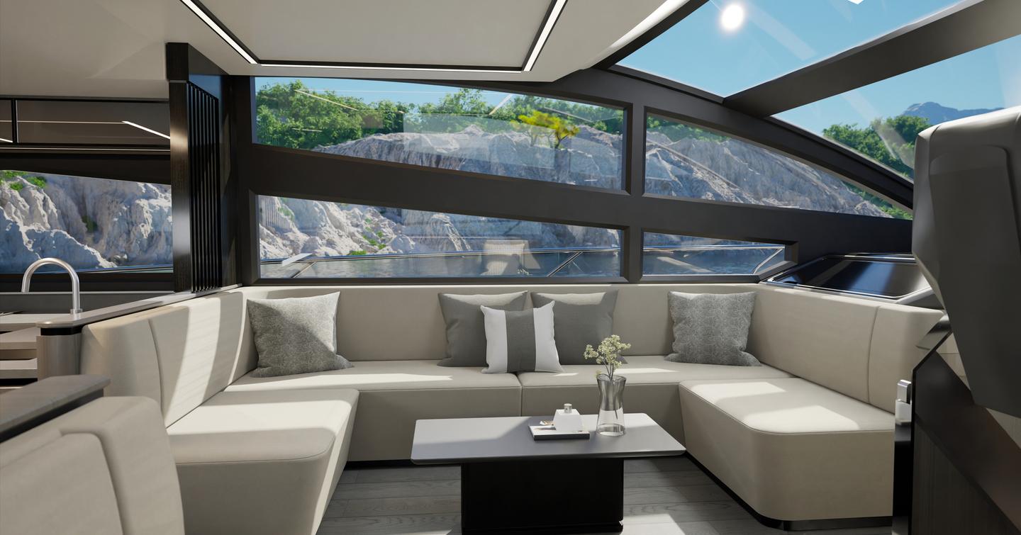 Rendering of Pearl 63 motor yacht U-shaped interior seating