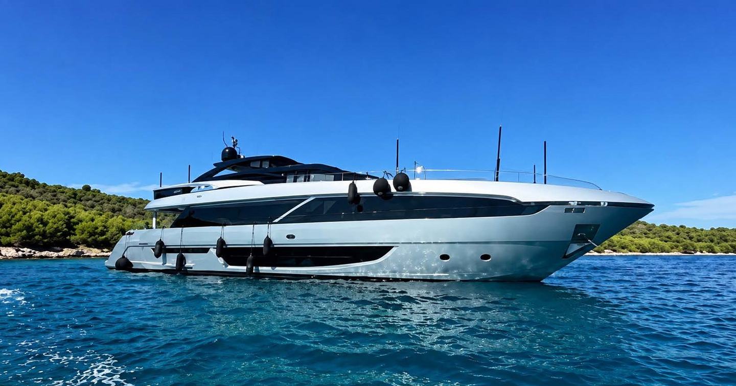 Riva motor yacht No Stress 888 at anchor side view 
