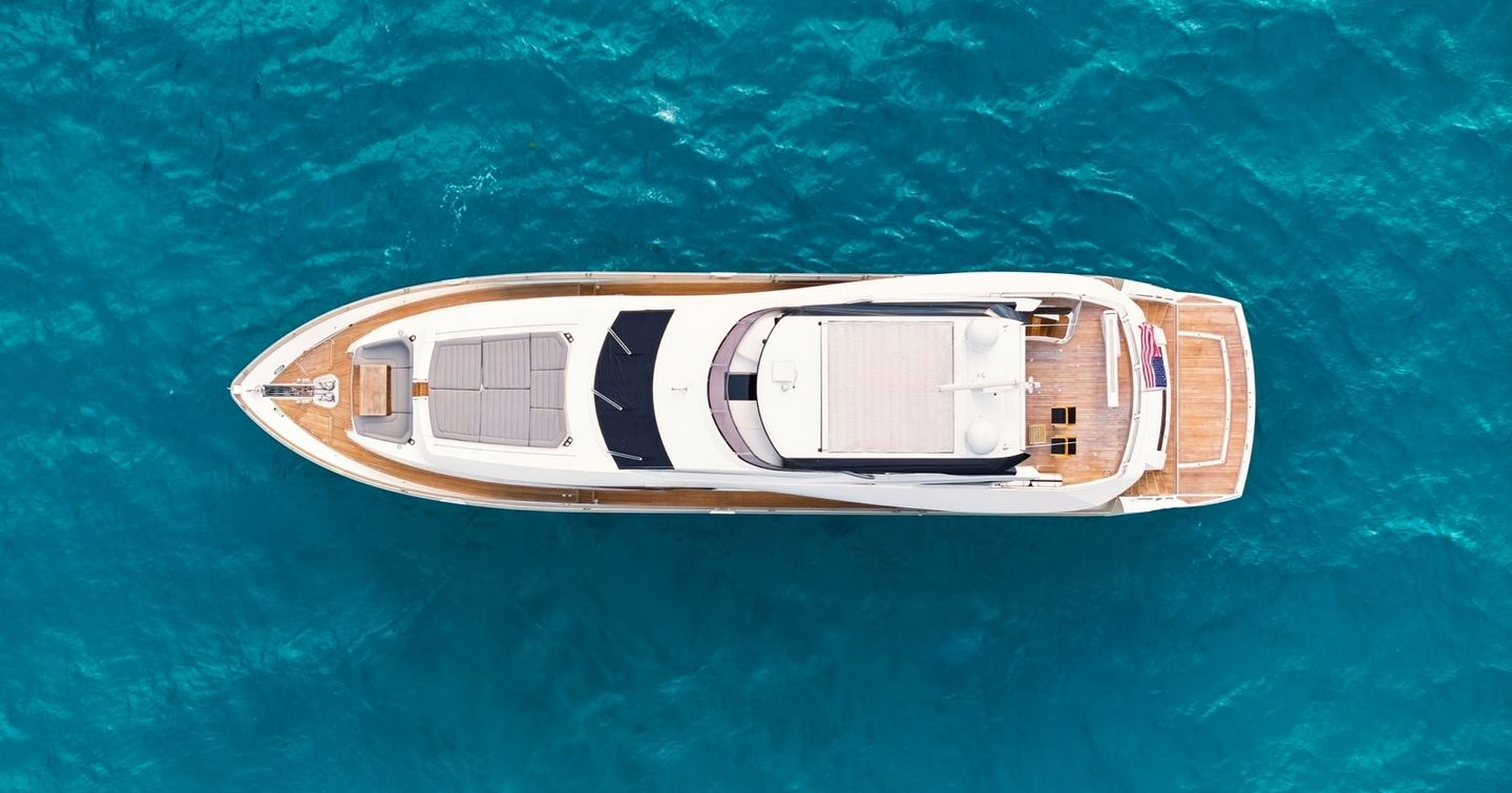 Aerial view of Pura Vida motor yacht at anchor 