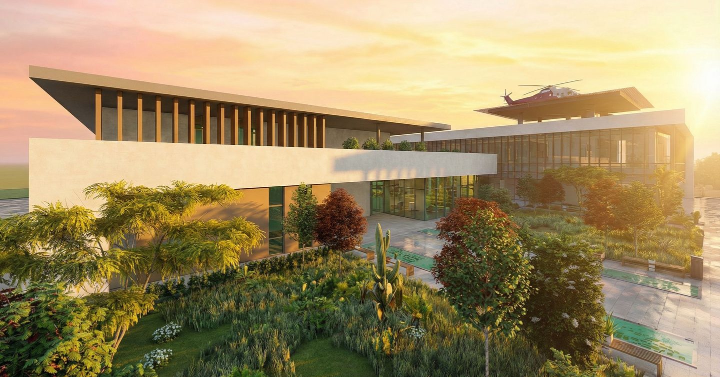 Rendering of new RMK Marine shipyard facility in Yalova garden with green trees and helicopter on roof