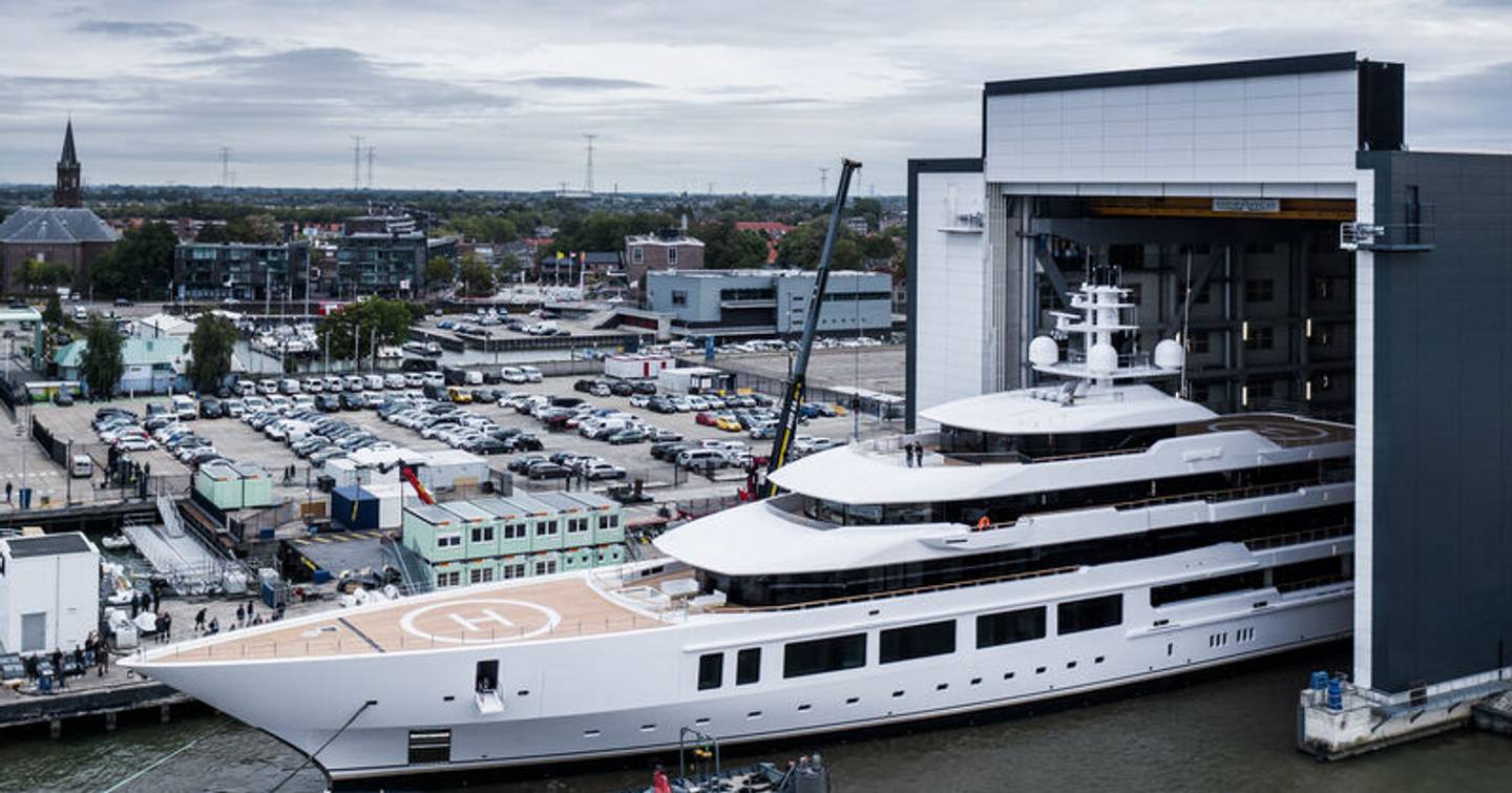 Oceanco's Project Y719 emerging from outfitting shed