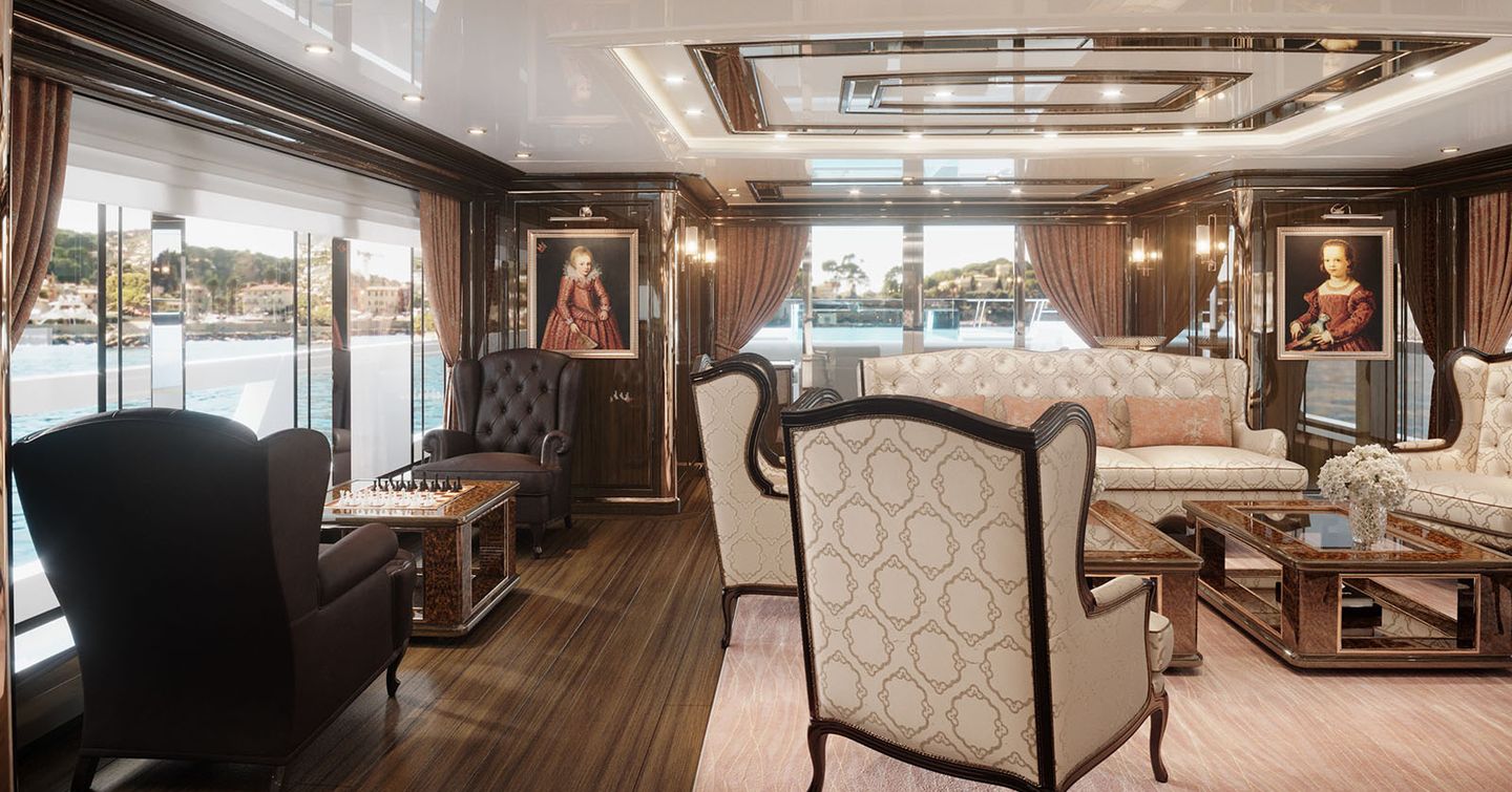 main salon area on 52Steel yacht with bespoke furniture