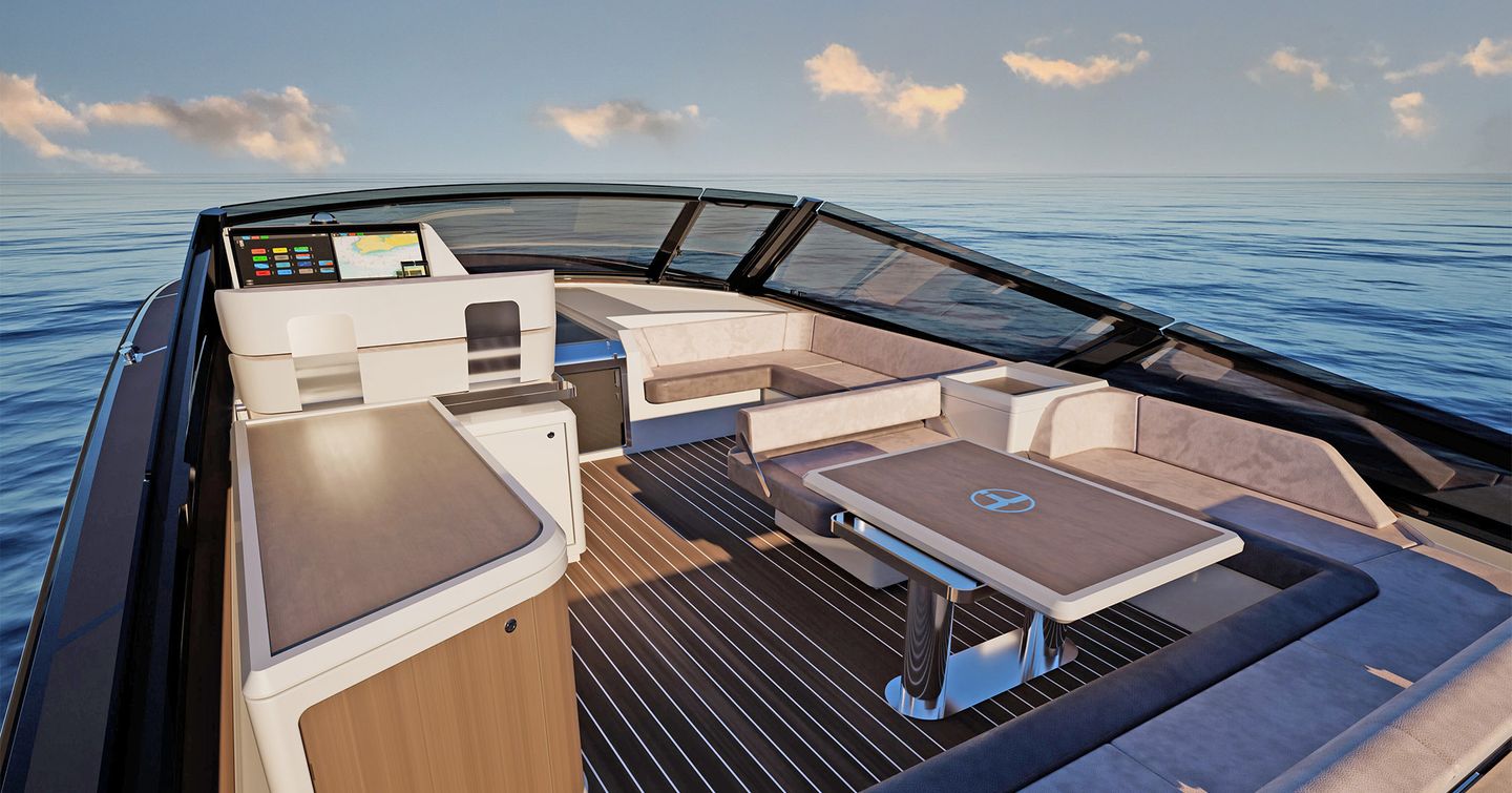 Rendering of Itama 54 Boat upper decks with helm station and L-shaped seating 