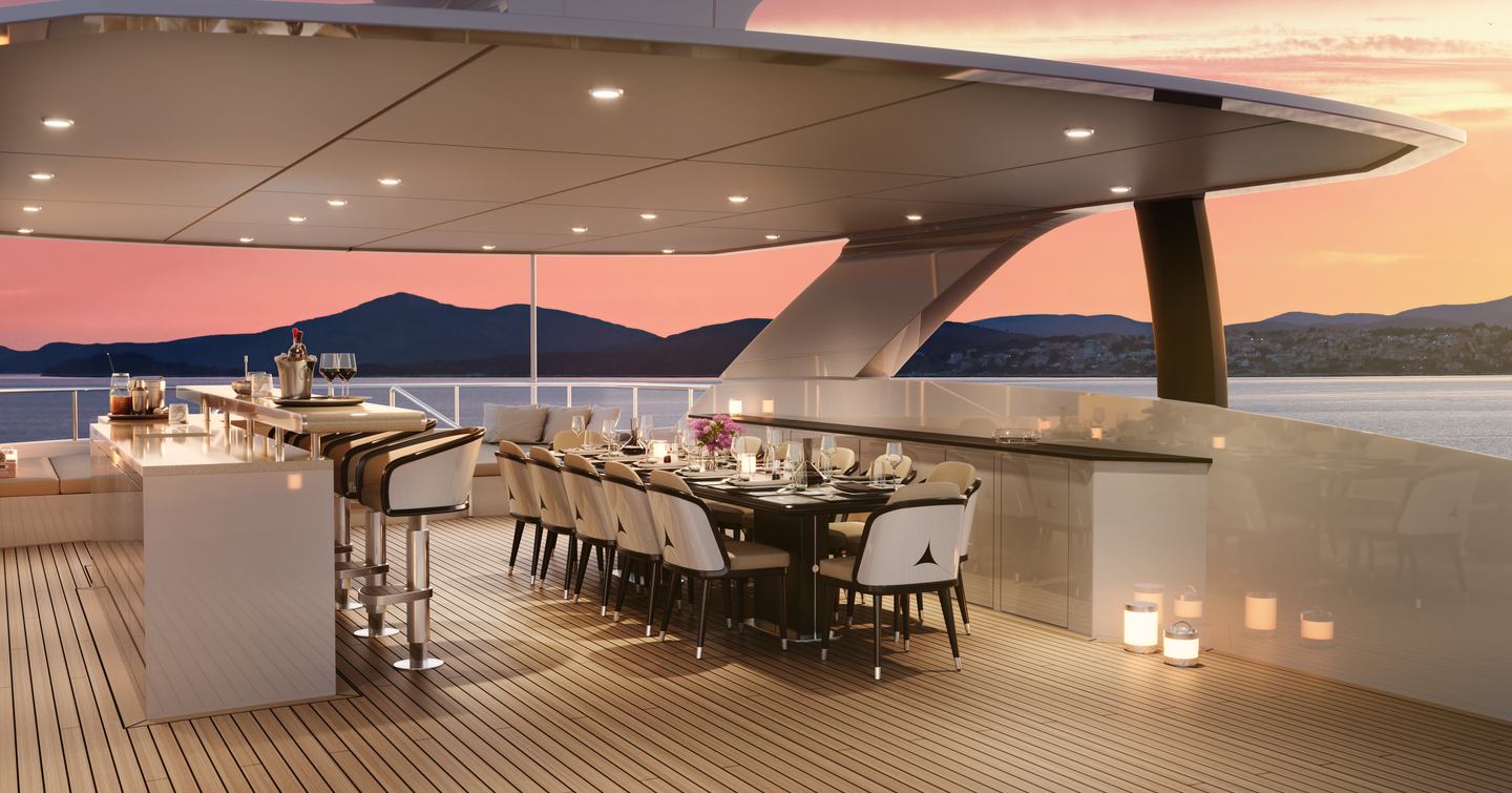 Rendering of Superyacht Project Orion's flybridge with dining table