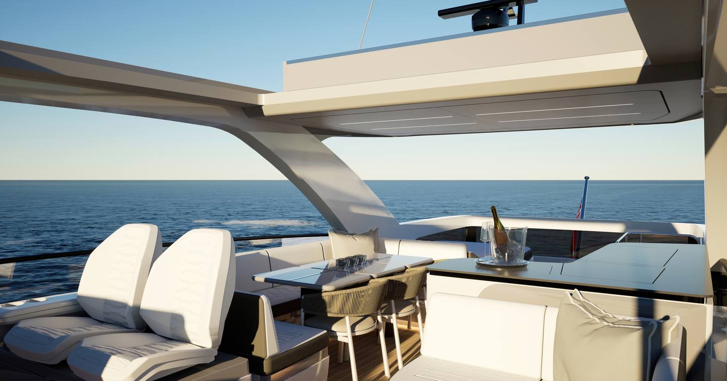 Rendering of Pearl 73 motor yacht flybridge helm station 