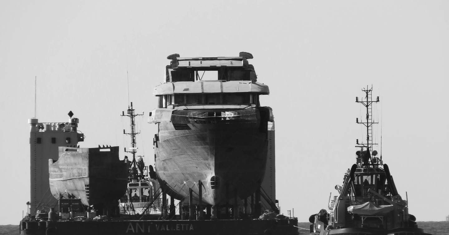 Second ISA Classic 65 and Unica 45M Steel superyachts at shipyard during outfitting 