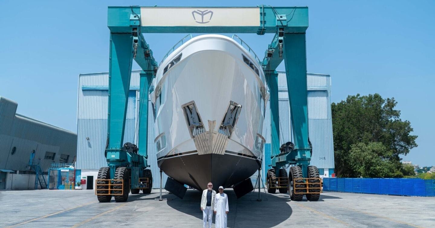 Close up of Gulf Craft Majesty 145 Superyacht Suzie Q bow with with people underneath