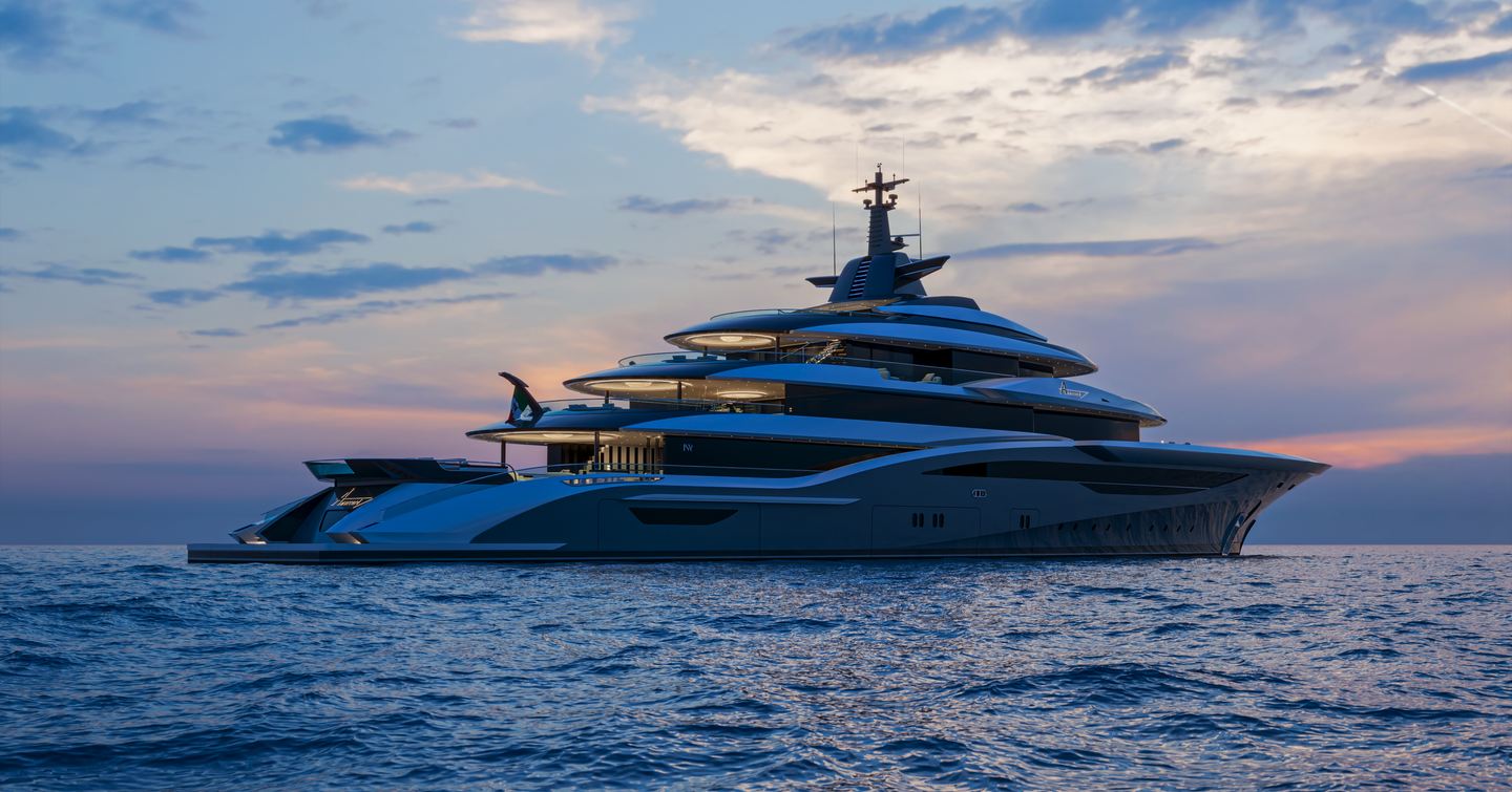 Rendering of ISA Amarcord 86 superyacht at anchor 