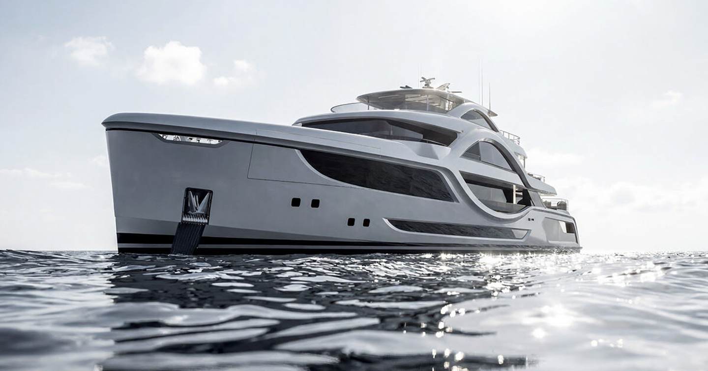 Rendering of superyacht Project Milky Ways bow at anchor 