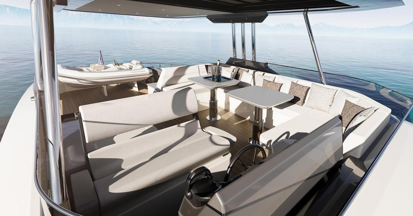 Rendering of 540 Adventure flybridge with shaded seating and dining area