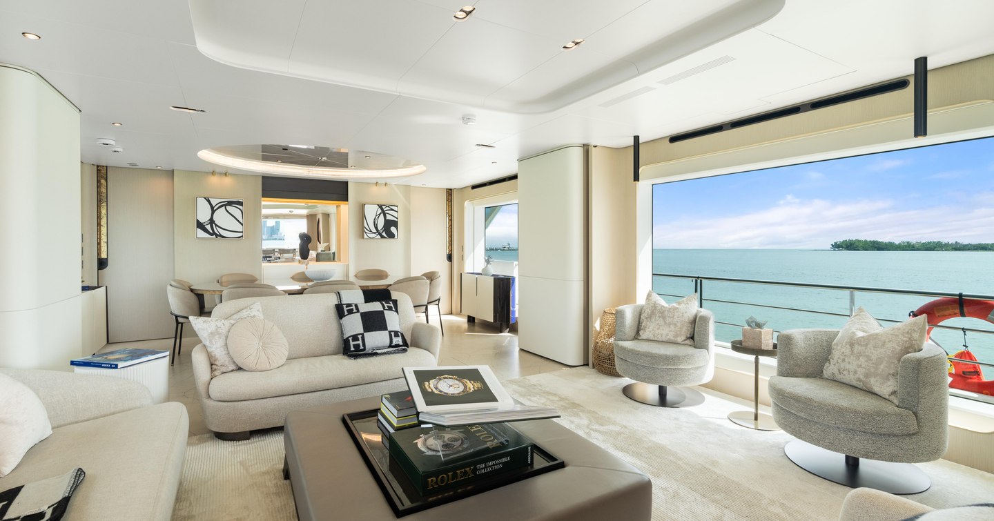 Superyacht Freedome main saloon with fold out balcony