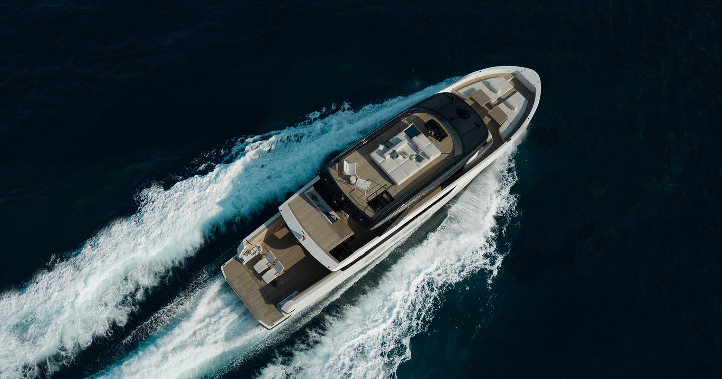 Bluegame BGX83 yacht underway aerial view 
