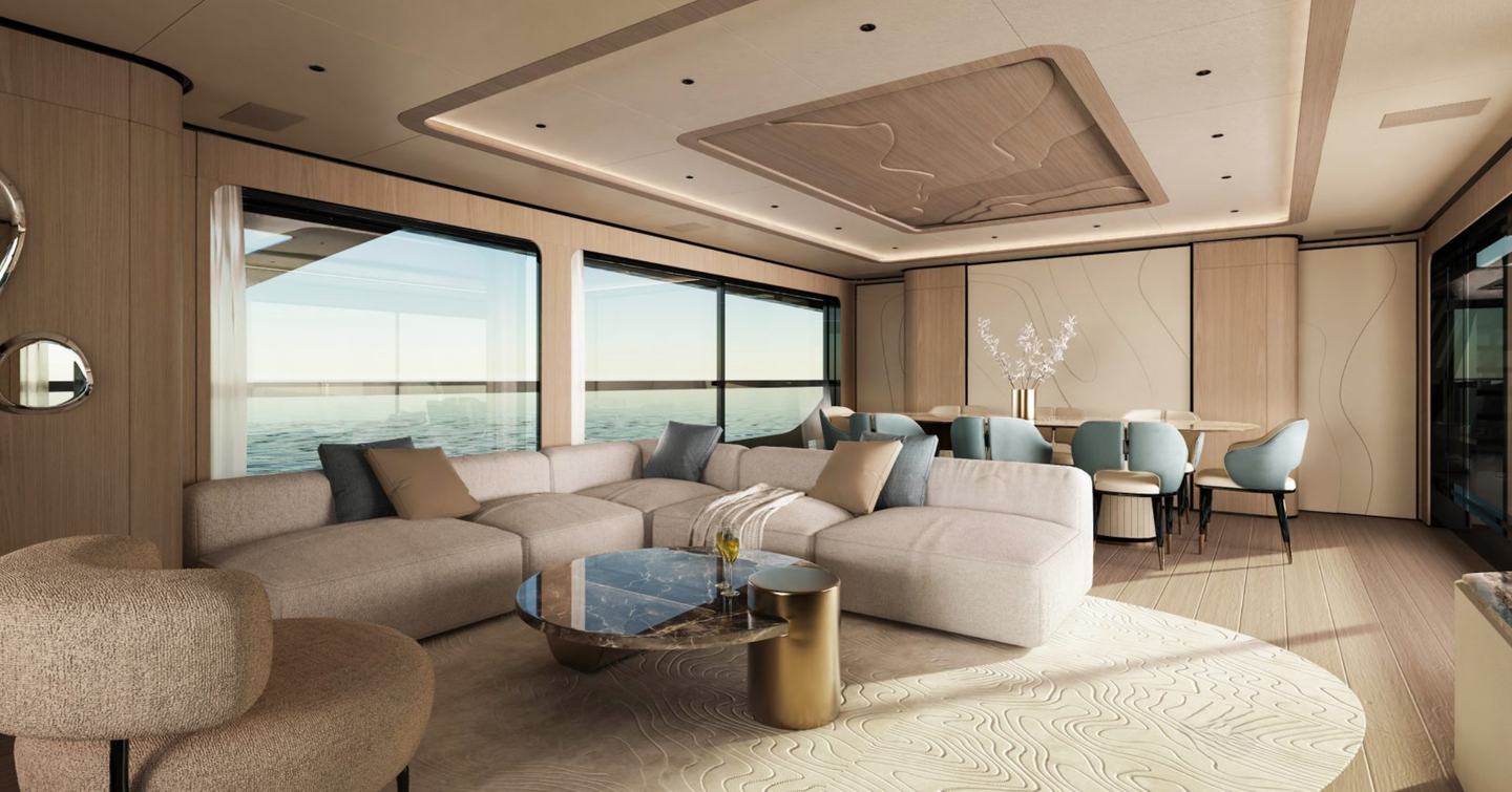 Rendering of Mangusta GranSport 34 Motor Yacht main saloon with L-shaped white sofa 