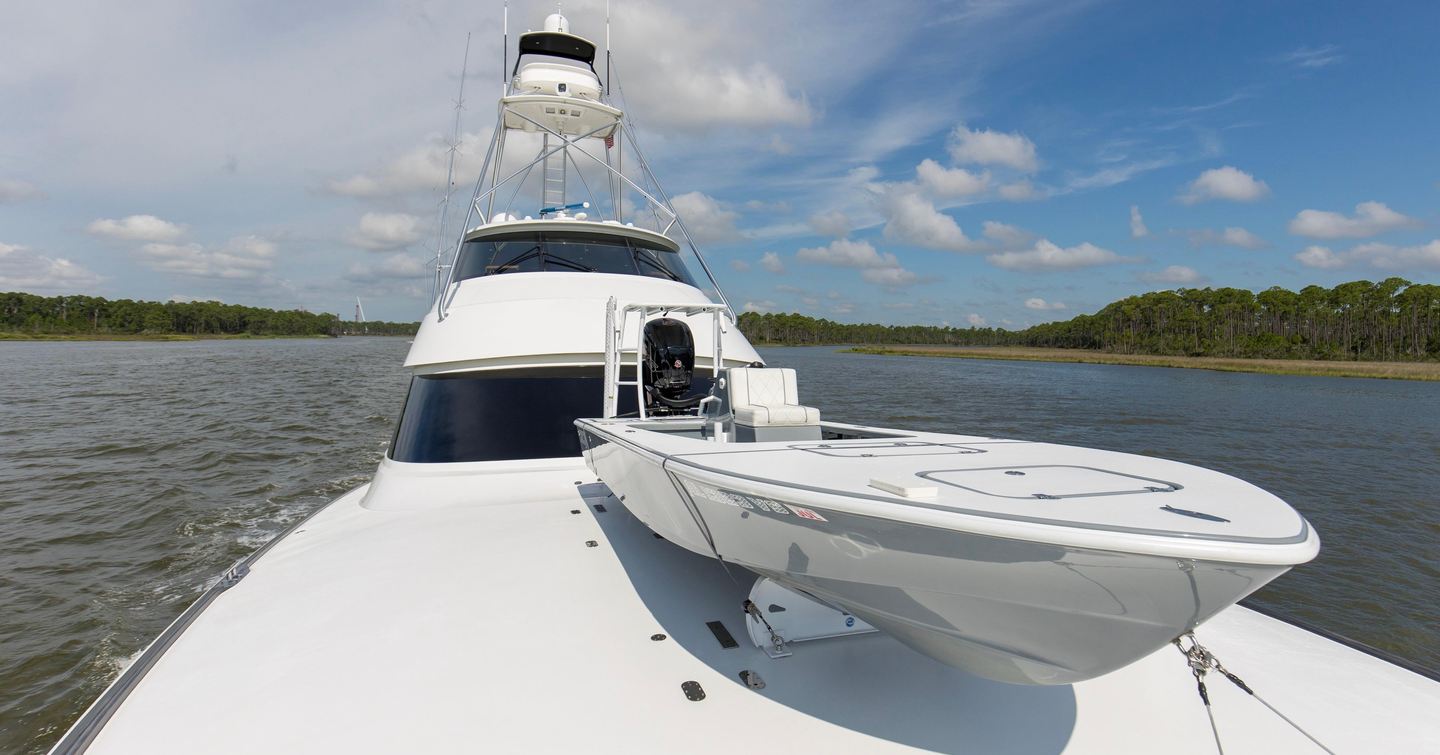 Close up of fishing boat on bow of Viking 92EB Sportsfisher yacht Touche