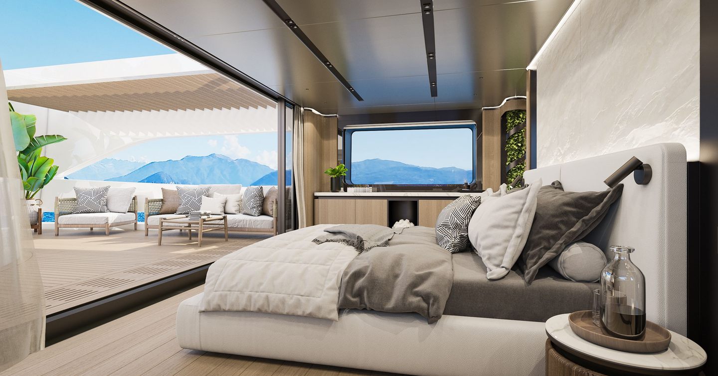 Rendering of Sirena 42M's owner's room with sliding doors 