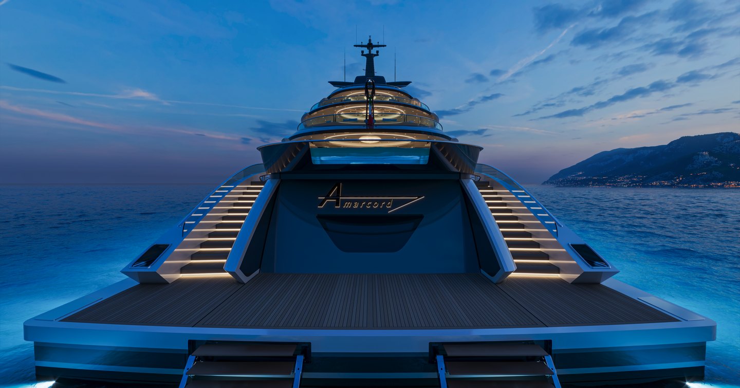 Rendering of ISA Amarcord 86 superyacht stern at night