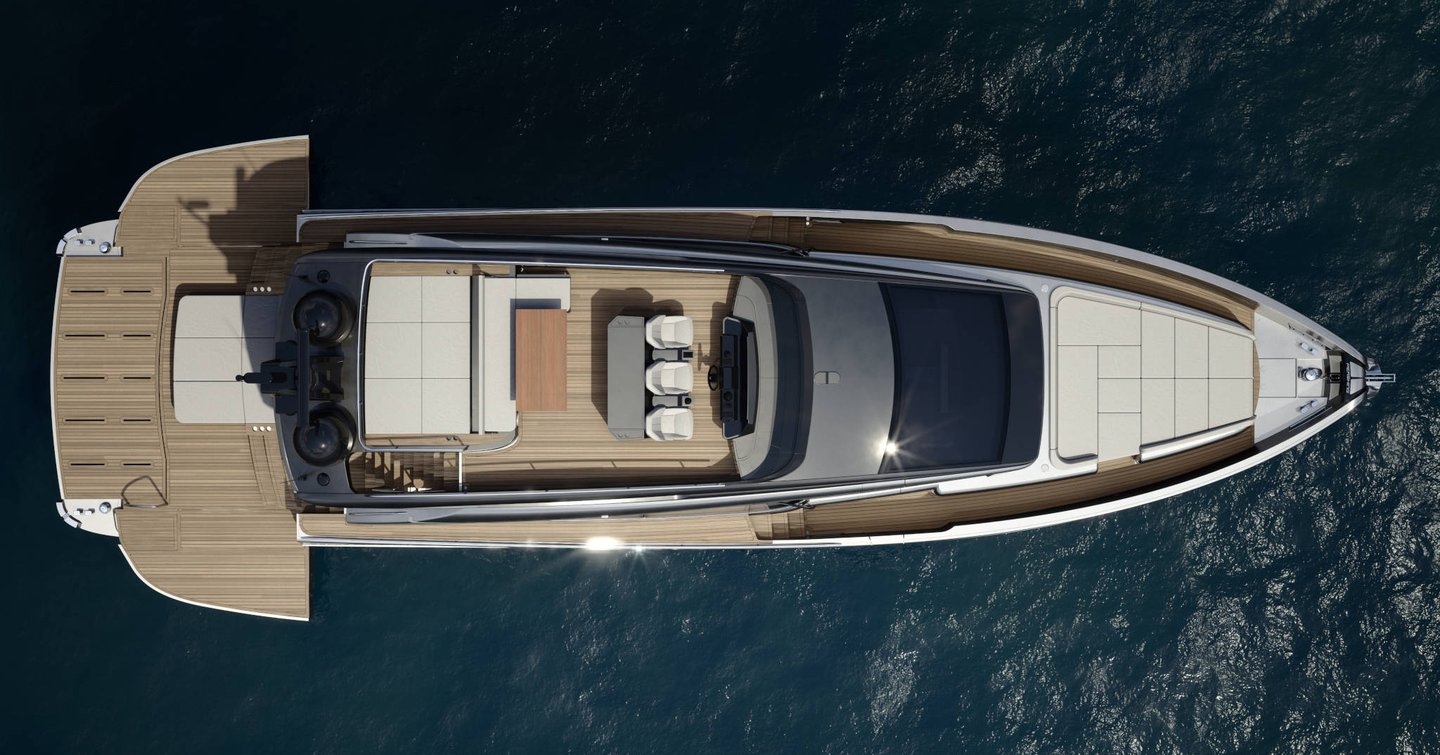 An aerial shot of the Pershing GTX70 with its folding balconies out at the stern