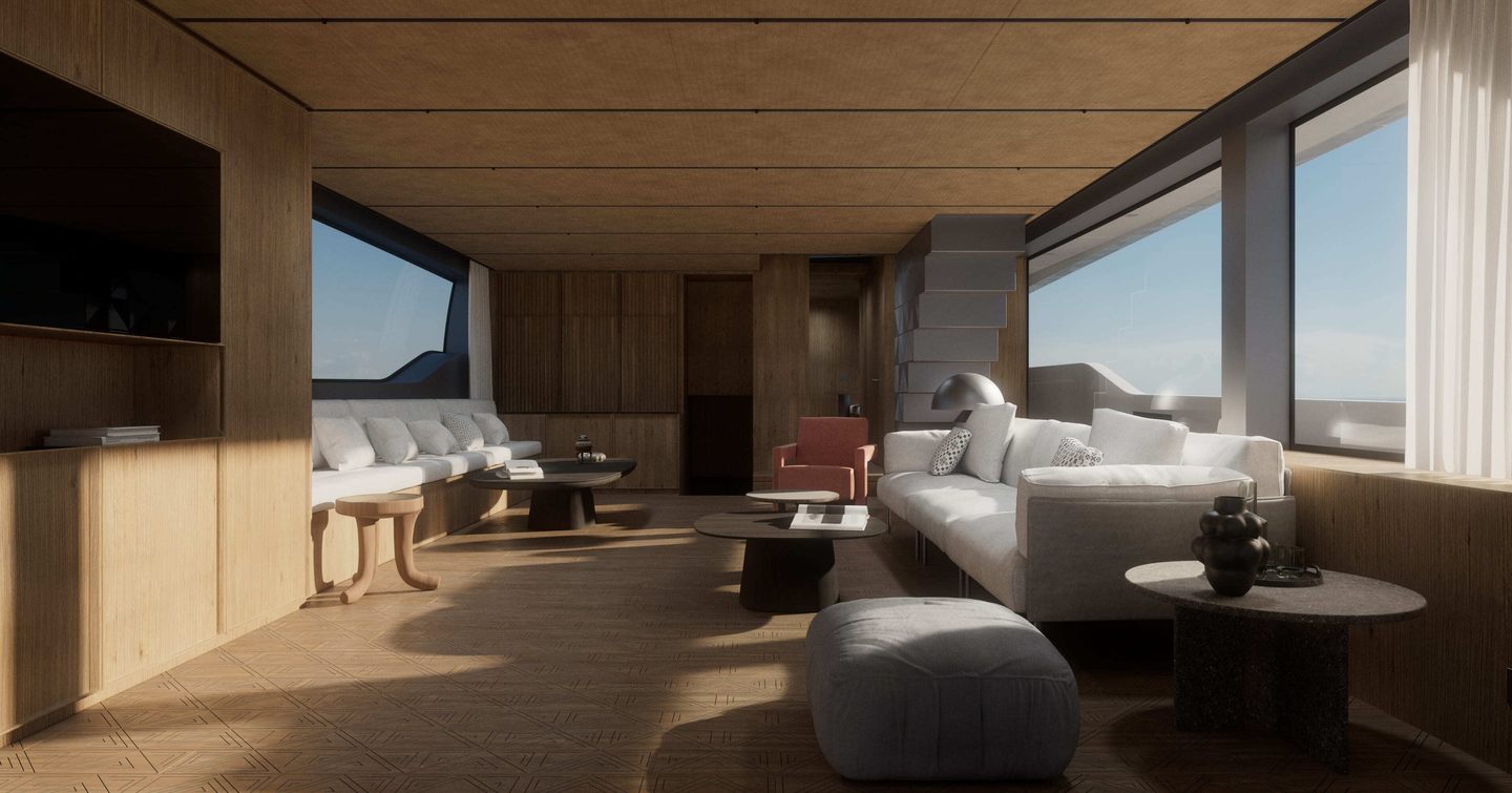 Rendering of Sanlorenzo SL80A Asymmetric motor yacht main saloon with neutral palette and white sofas 