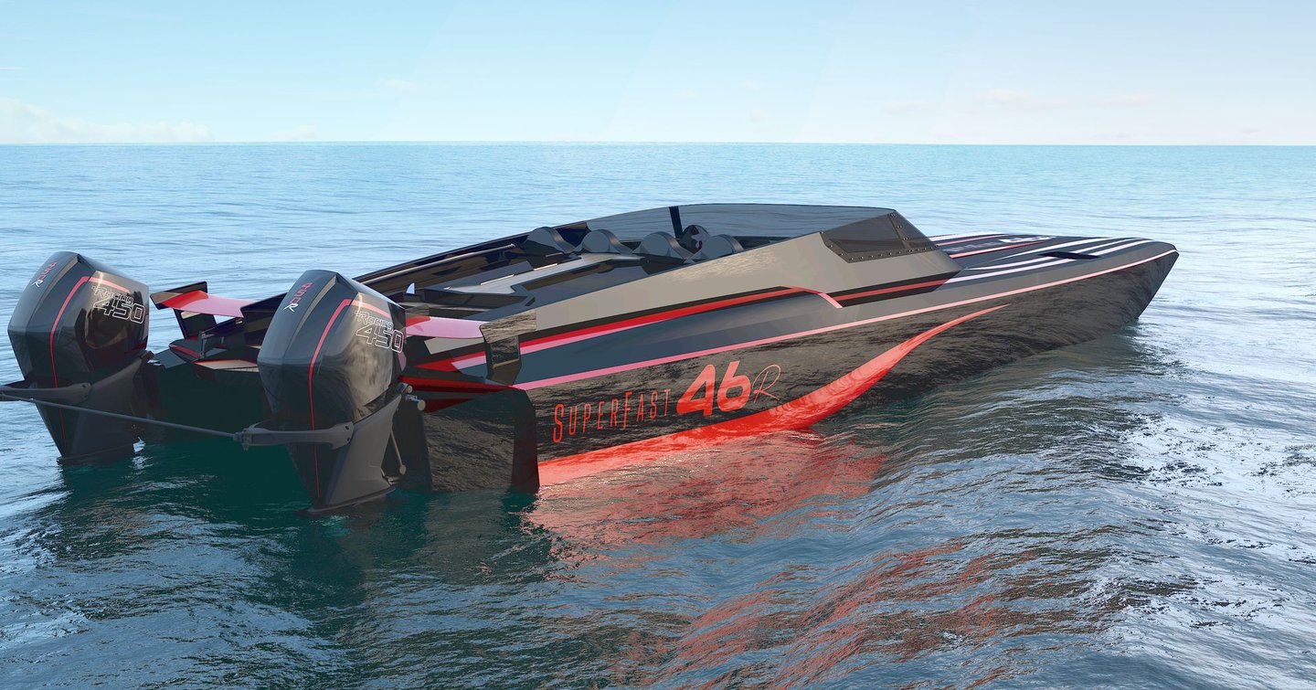 Rendering of VisionF Superfast 46 Speedboat on open water