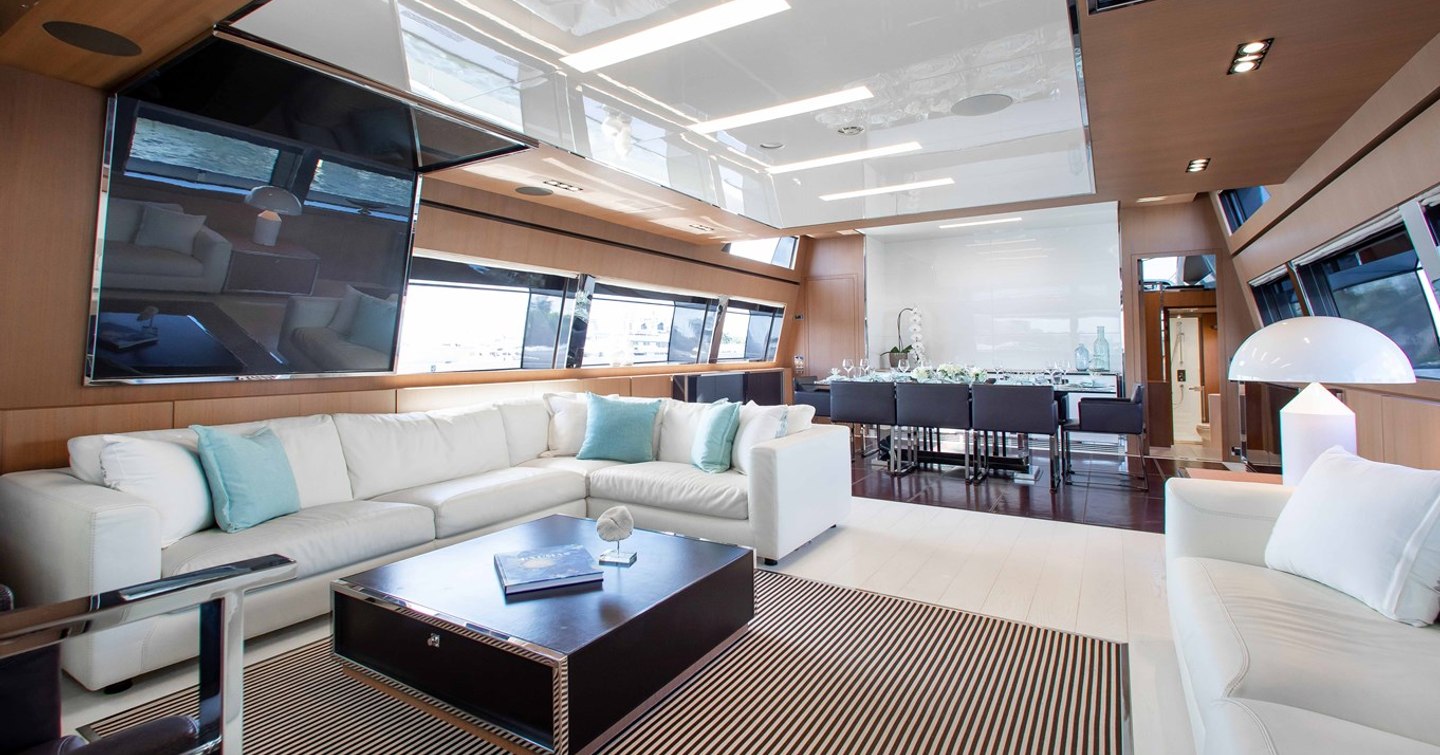 Superyacht Chop Chop main saloon with white L-shaped sofa and fold down TV