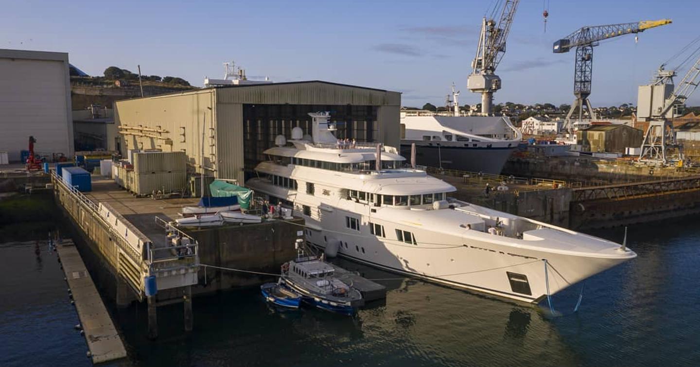 Lady E hits the water at Falmouth's Pendennis shipyard after her refit