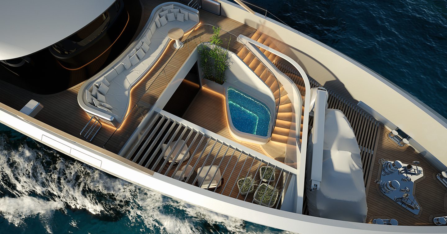 Aerial rendering of first Sirena 42M superyacht foredeck with pool an sunbathing areas 