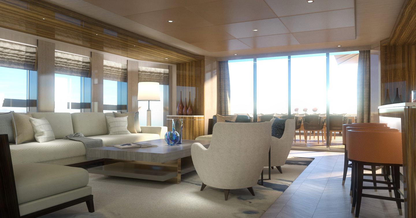 Overview of sky lounge onboard Heesen Project Pollux , L shaped sofa and armchairs around coffee table with wet bar to starboard