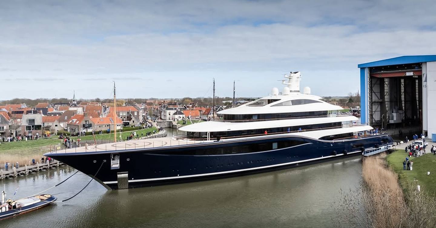  Feadship 1014 superyacht launch at Feadship facility 