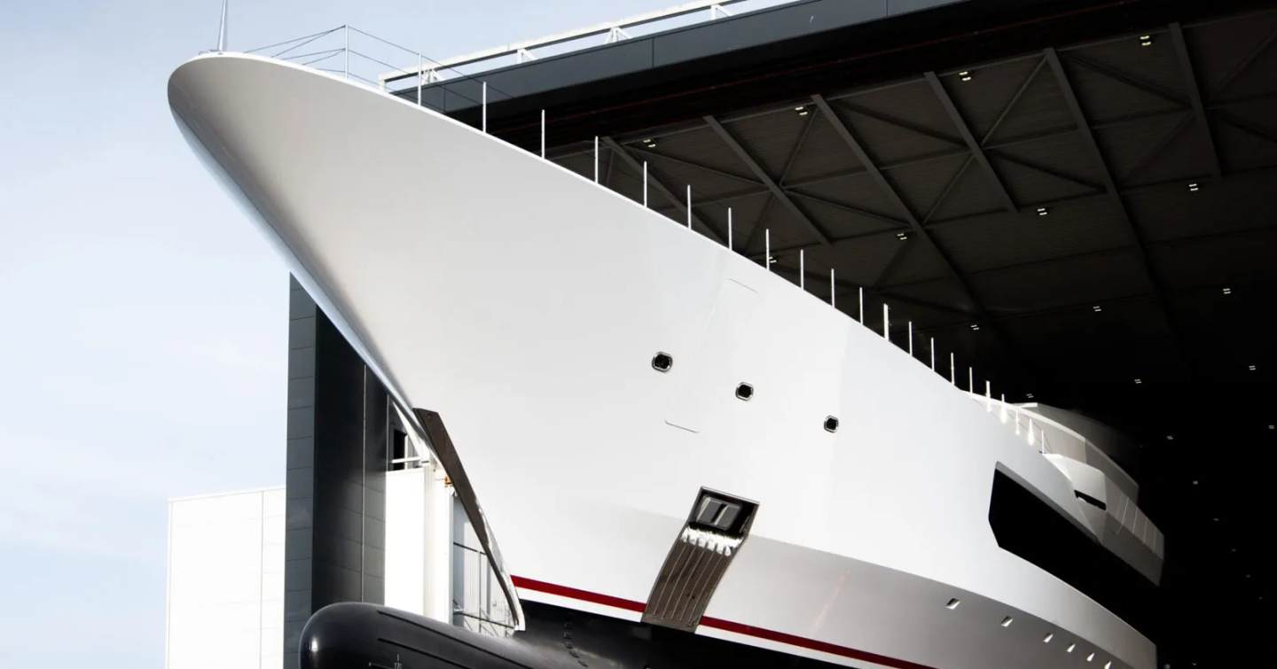 Close up of Superyacht DreAMBoat bow leaving the Oceanco shipyard