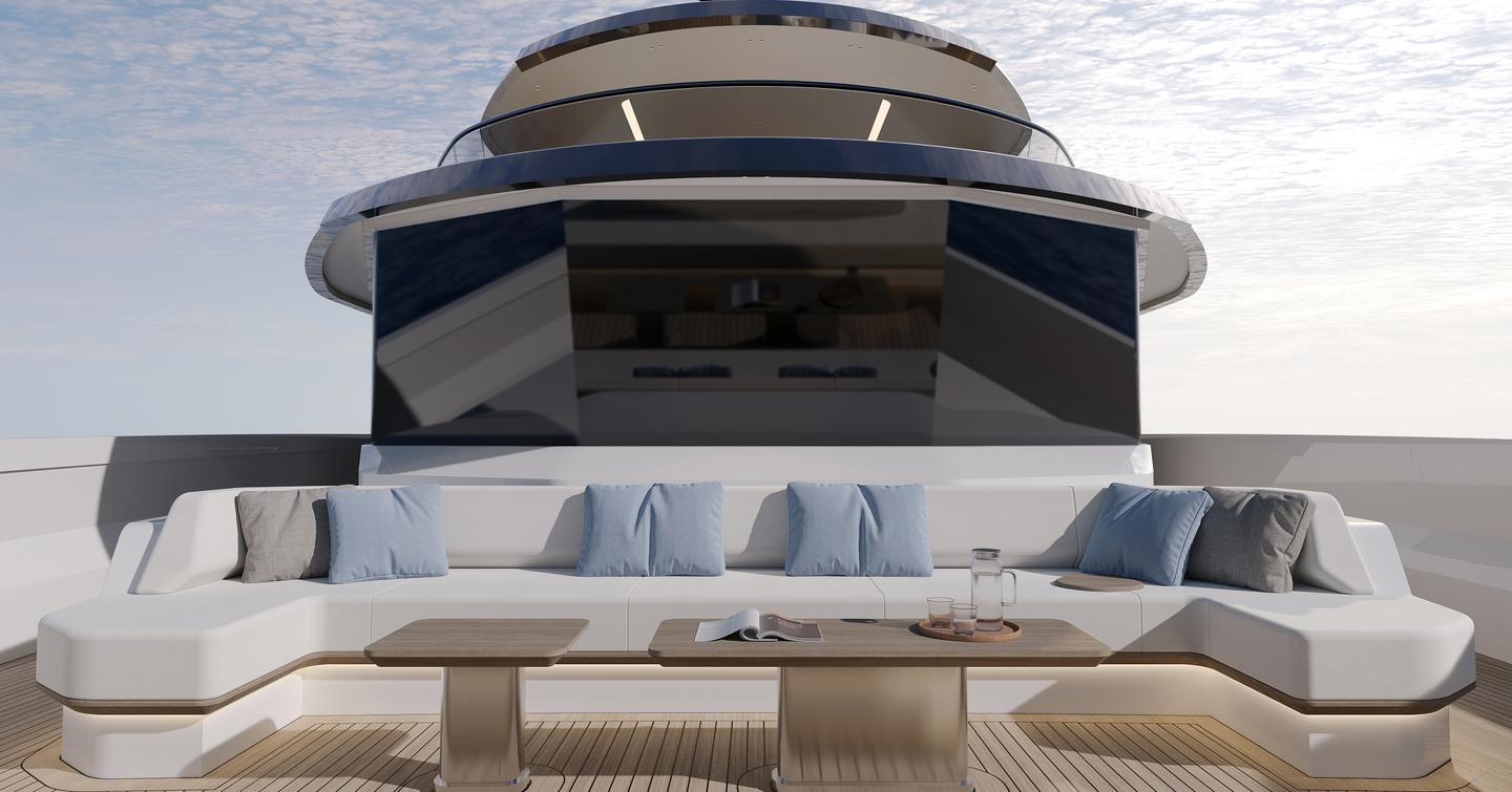 Rendering of Bering 110 Explorer Yacht  foredeck with U-shaped seating 