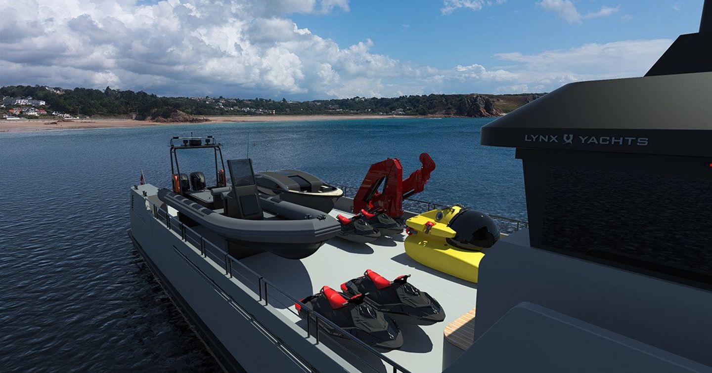 Rendering of Lynx YXT 34 explorer yacht aft with various tenders and toys