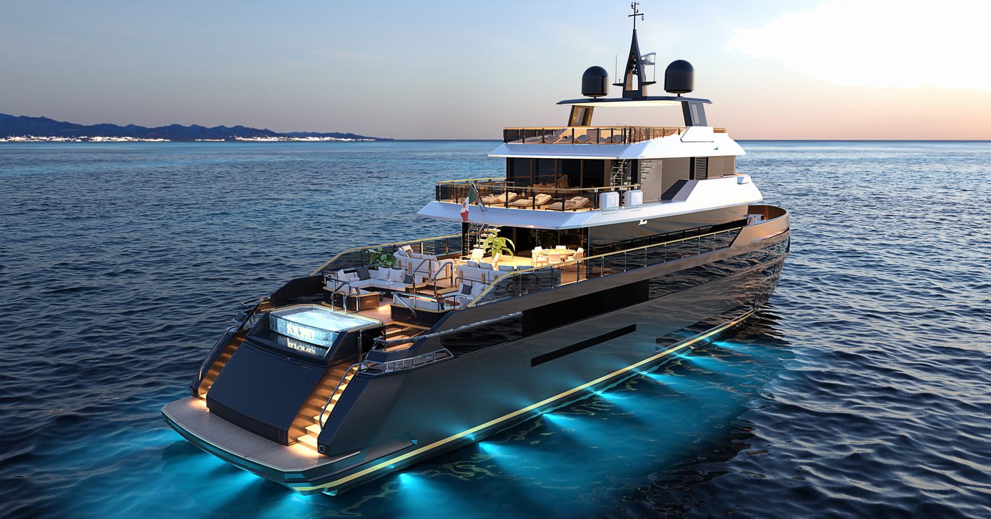 Aft view rendering of Benetti B.YOND Limited Edition surrounded by sea at dusk