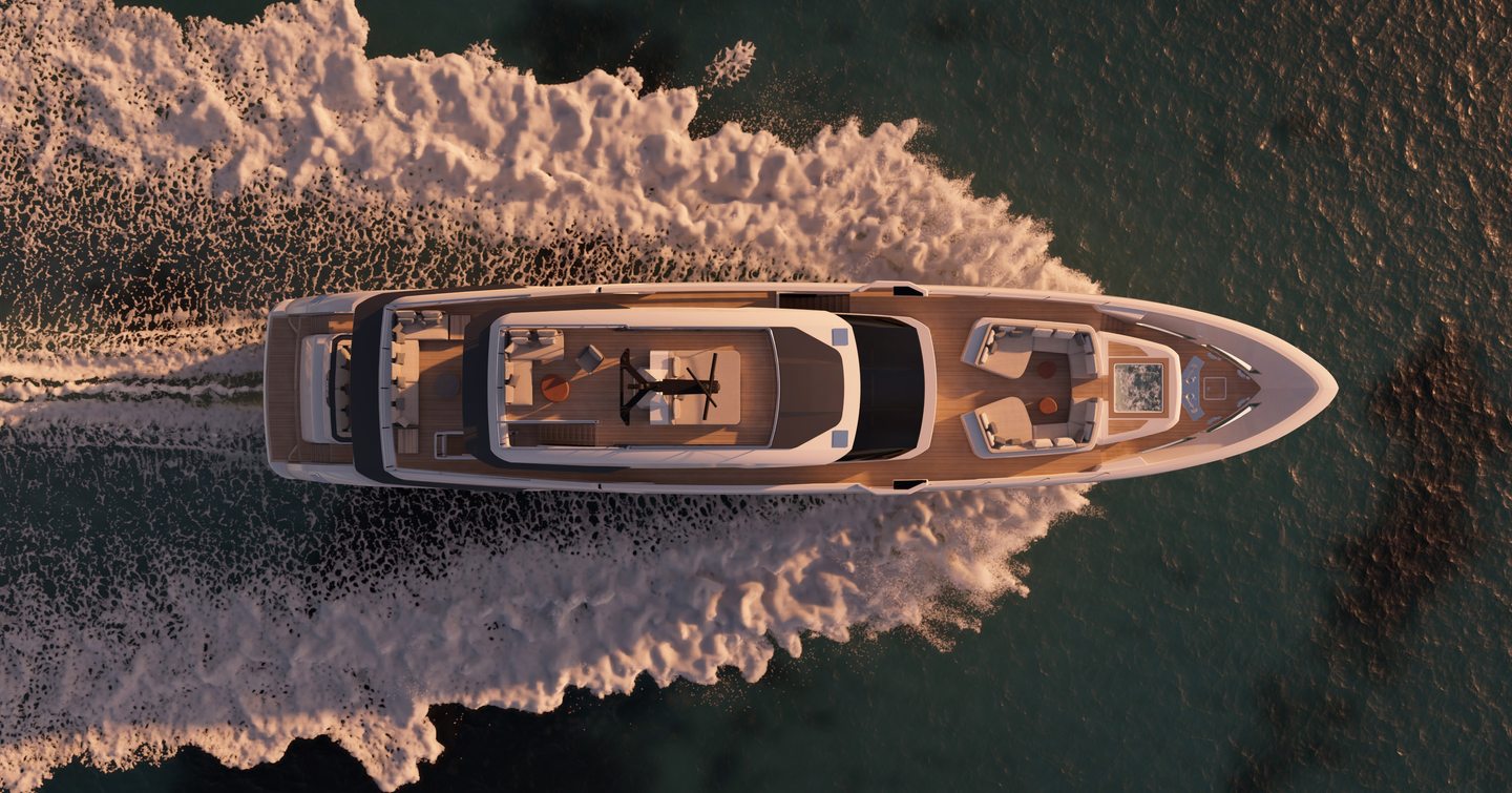 Aerial Rendering of the Custom Line Saetta 128' superyacht under way