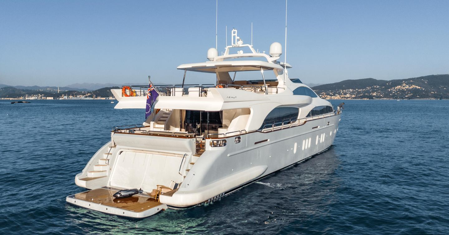 Azimut motor yacht Serendipity at anchor stern view 