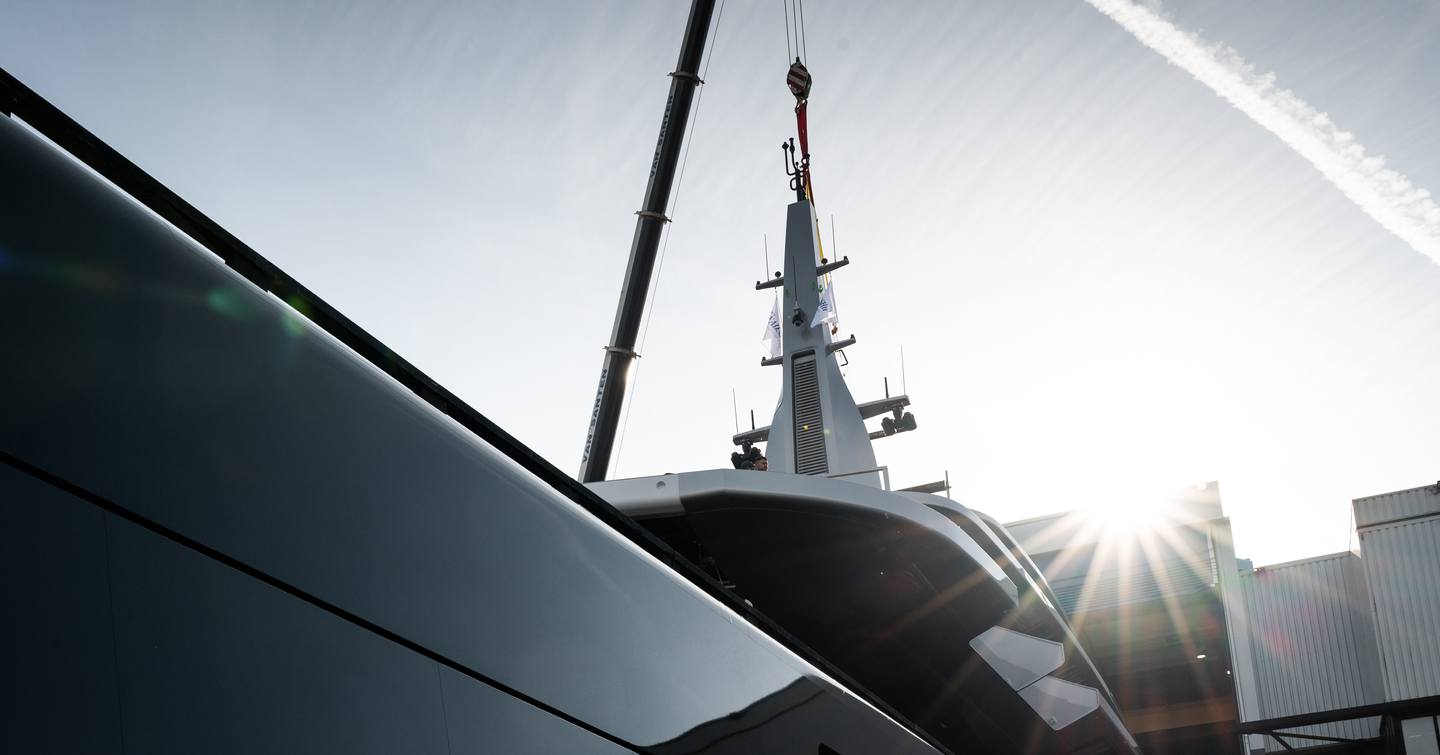 Close up of Feadship Superyacht Thalassa (Project 826) superstructure with crane on upper deck