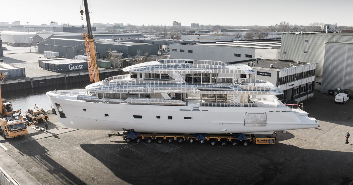 Ninth Moonen 122 Martinique superyacht on trolley pre-outfitting
