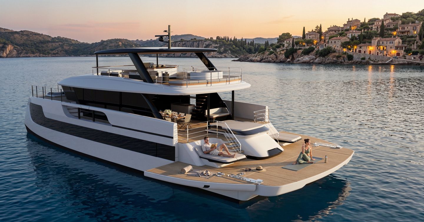 Sunreef Ultima 88 Catamaran at anchor with couple lounging on aft deck 