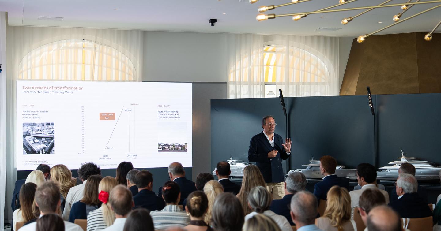 Massimo Perotti talking at Sanlorenzo press conference at Cannes Yachting Festival 2025