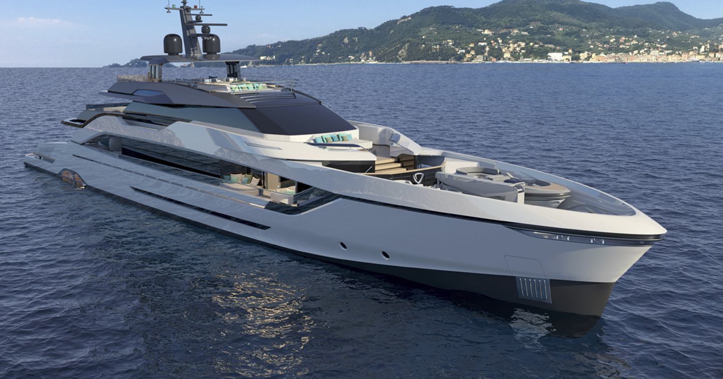 Rendering of Tankoa T55 Sportiva superyacht at anchor
