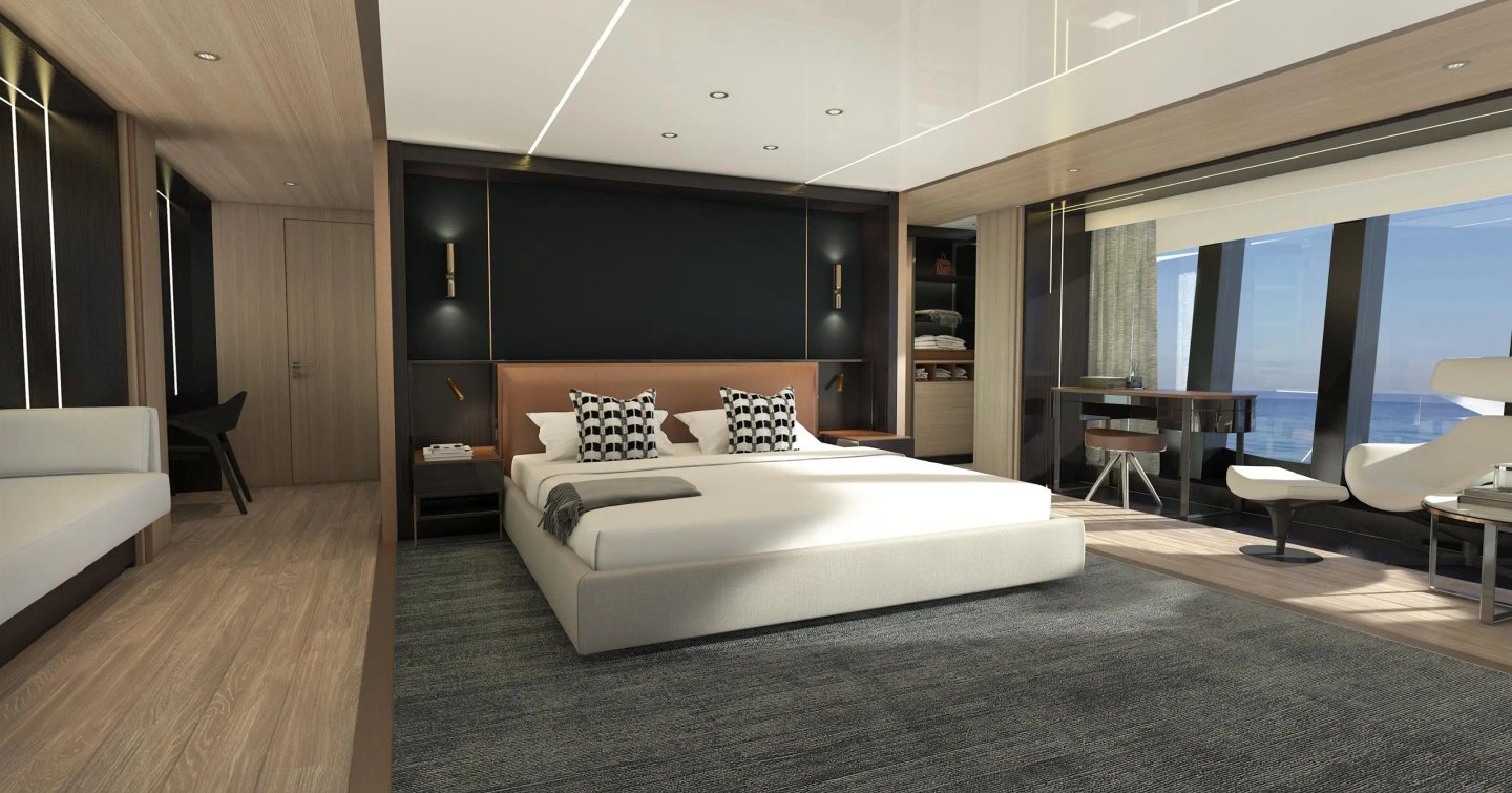 Rendering of owners state room on the Sunseeker Ocean 460