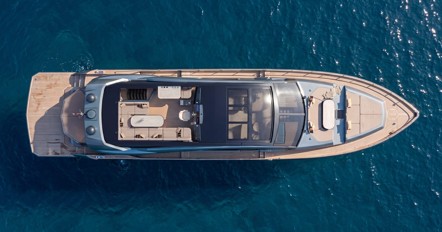 Aerial Rendering of Galeon 700 Sky Motor Yacht at anchor 