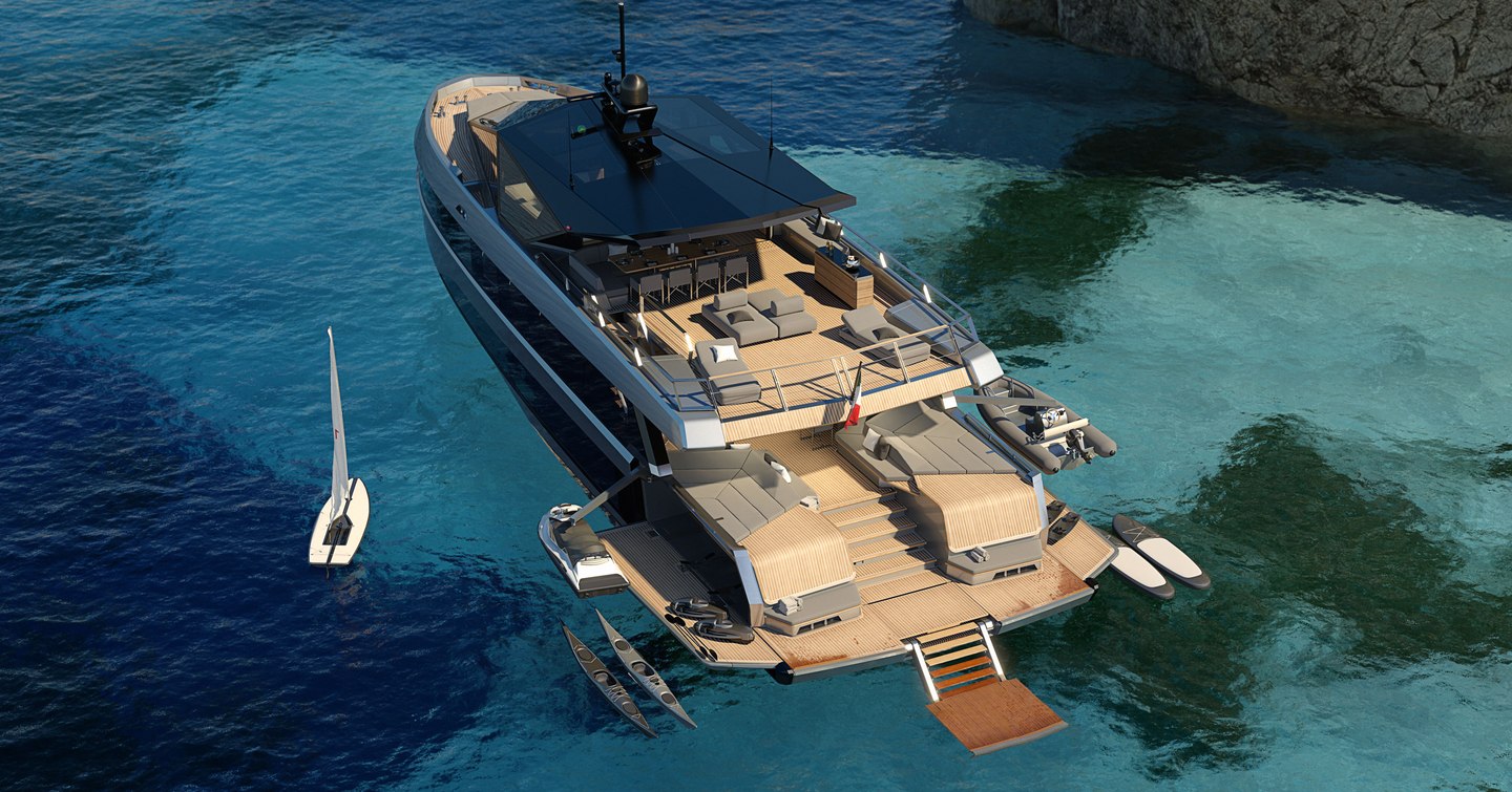 View from above of CGI of WHY200 yacht at anchor