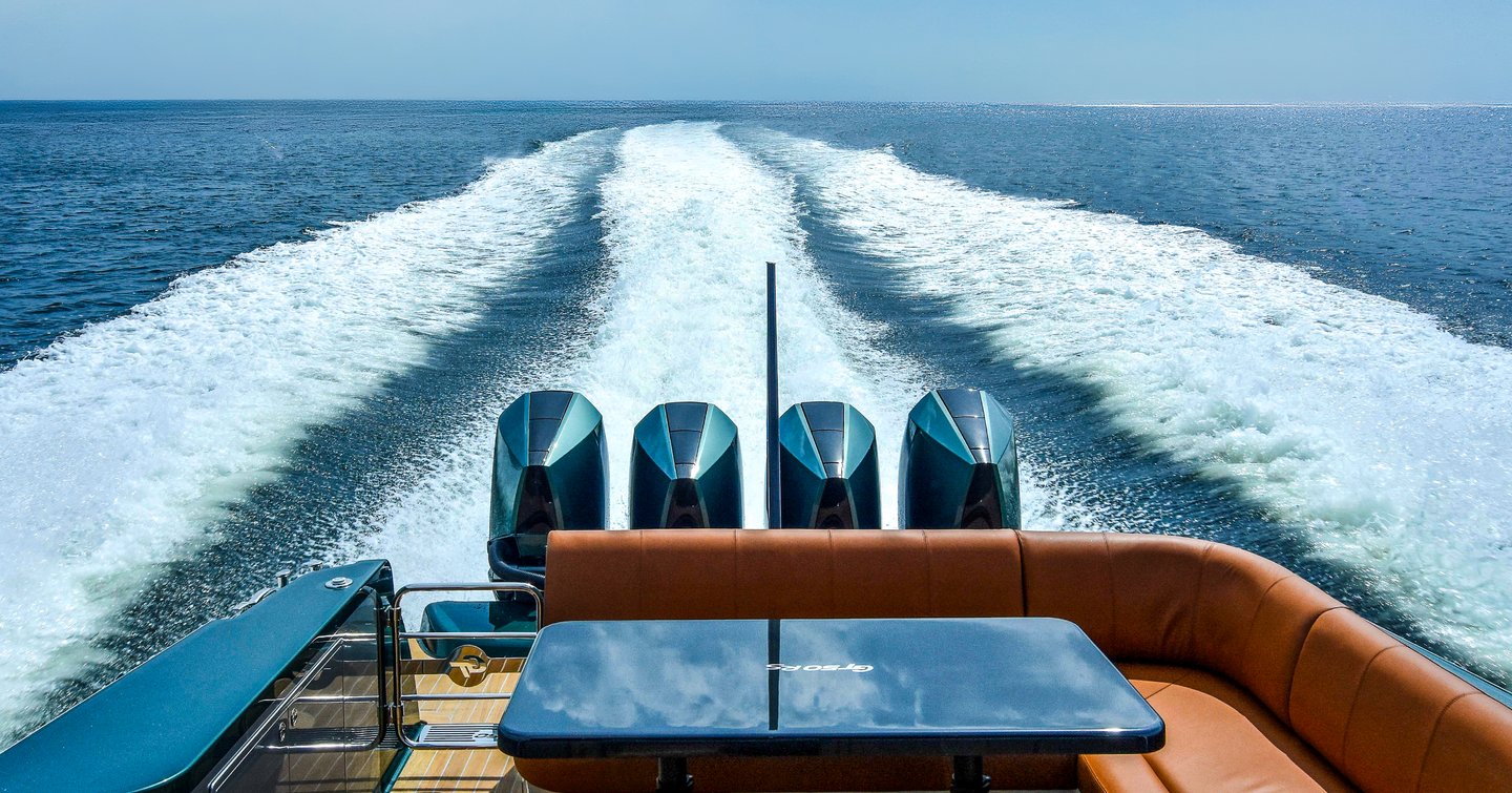 Outboard shot of Palm Beach GT50 RS Boat while under way at speed