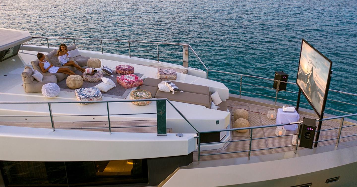 Superyacht Safe Haven foredeck with outdoor cinema