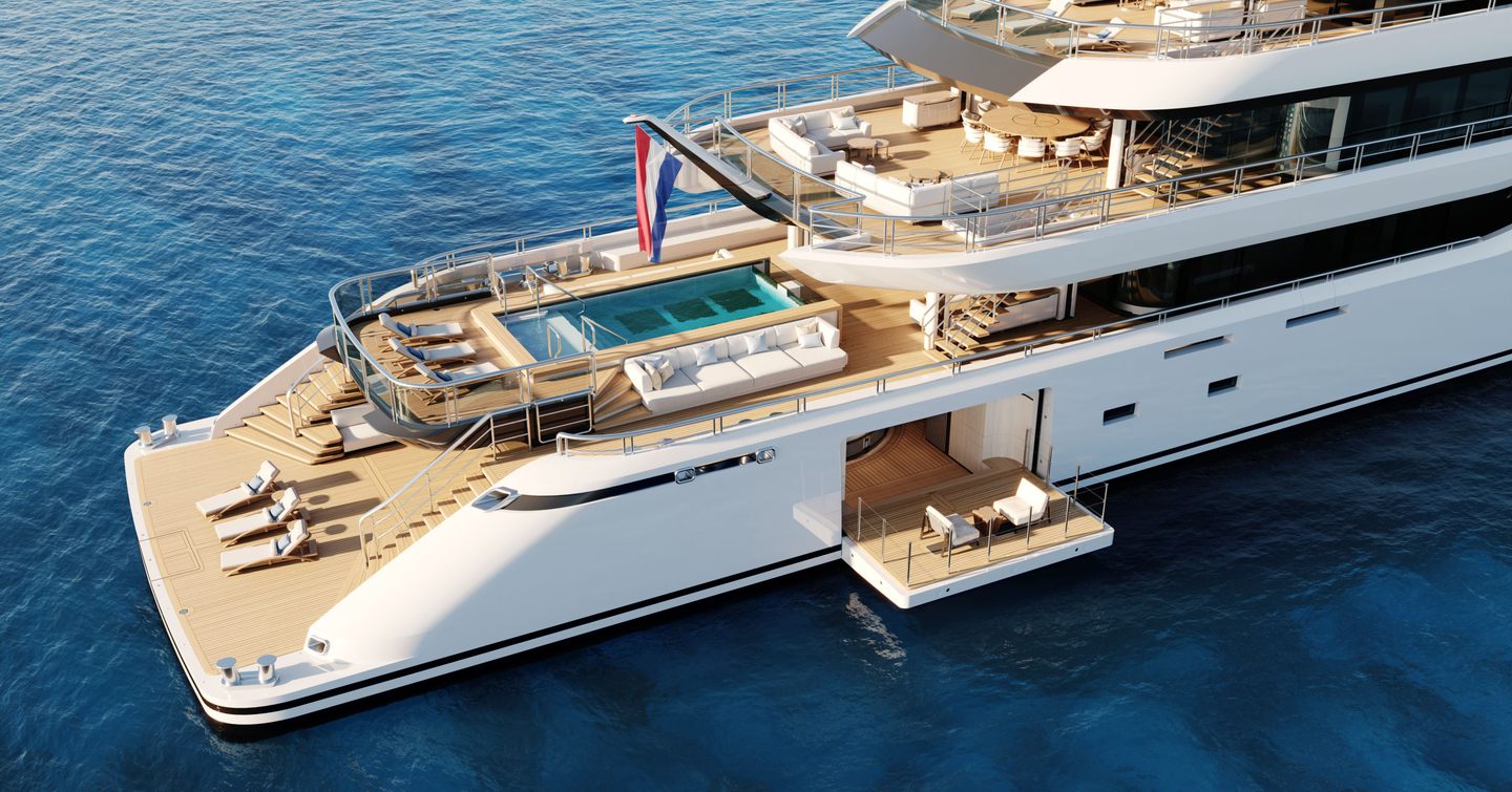 Rendering of sixth Amels 80 superyacht beach club with fold down balcony, infinity pool and sun loungers 