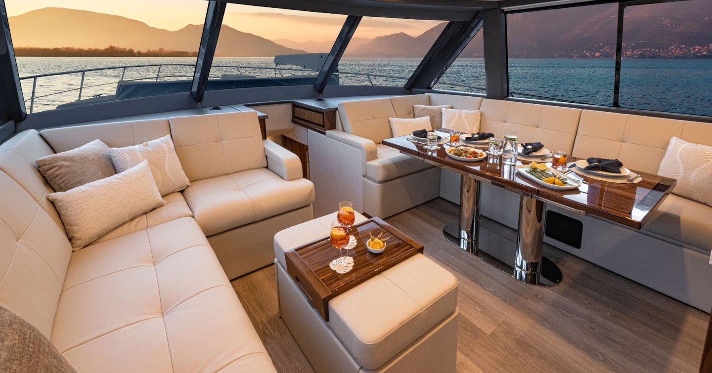 Riviera 64 Sports Motor Yacht Series II Yacht upper deck seating with L-shaped sofa