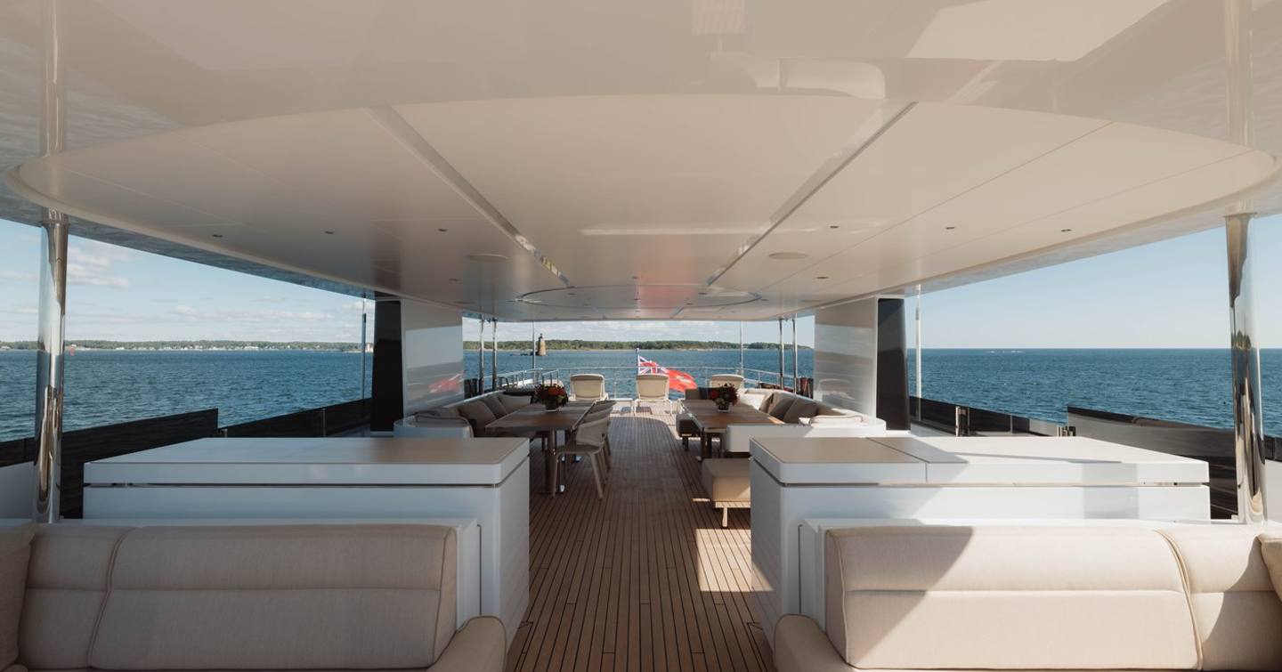 34m Feadship Superyacht Graycliffs upper deck with shaded alfresco dining