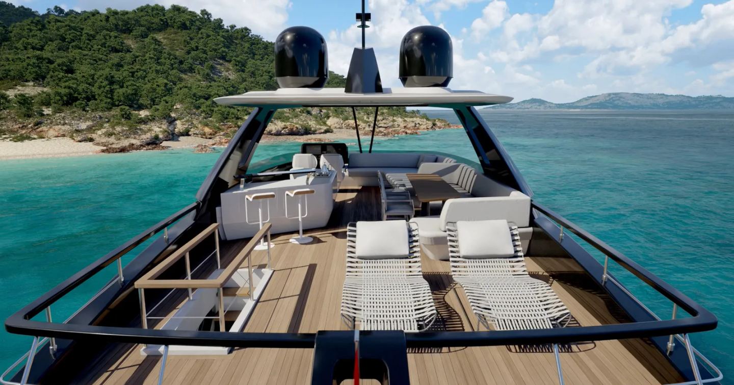 First Ferretti 800 motor yacht flybridge with sunpads, bar area and helm station